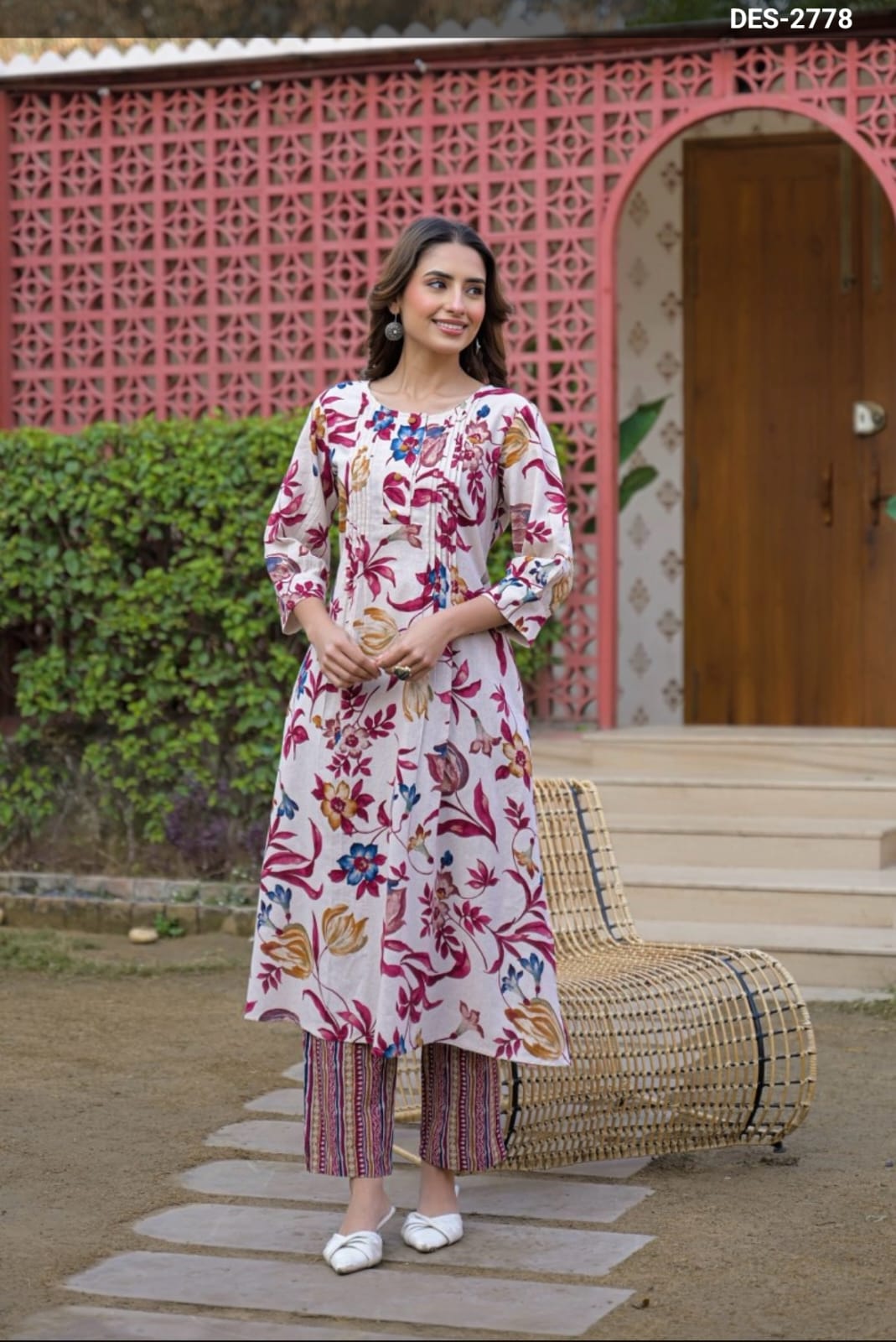 White floral printed kurta with striped palazzo
