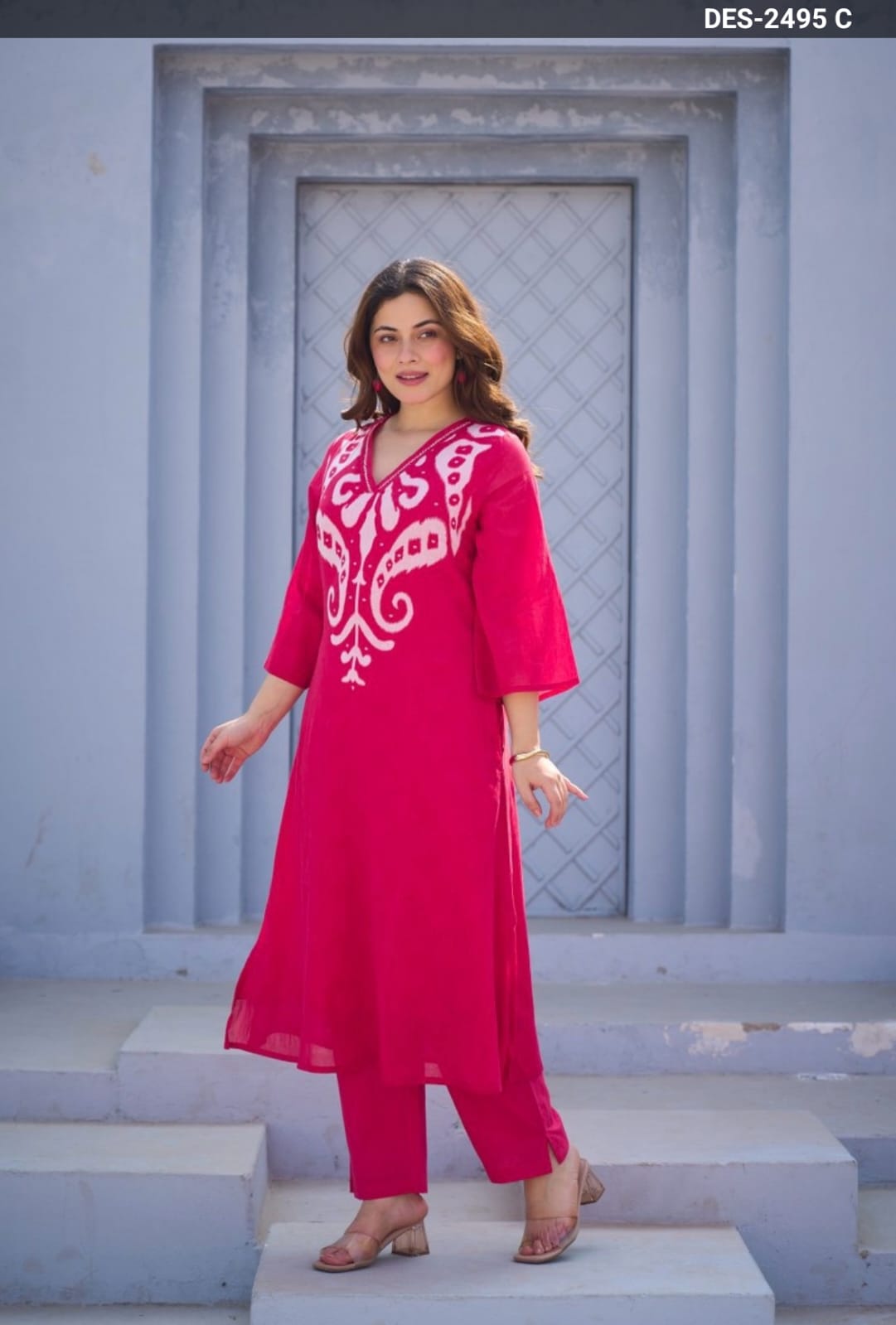 Crimson kurta with ikat embroidery and matching trousers