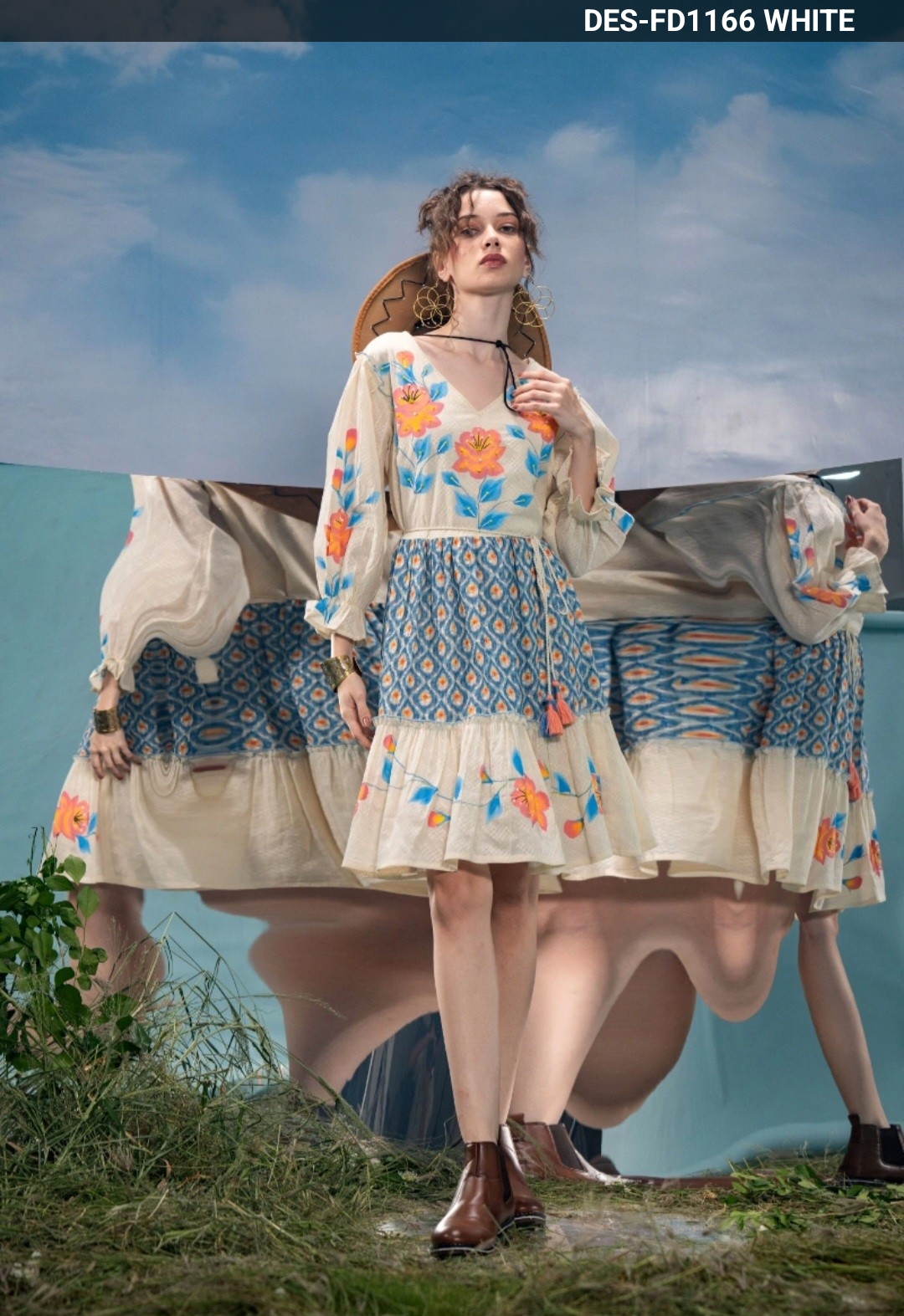 Ivory printed tiered ethnic dress with hand-painted florals